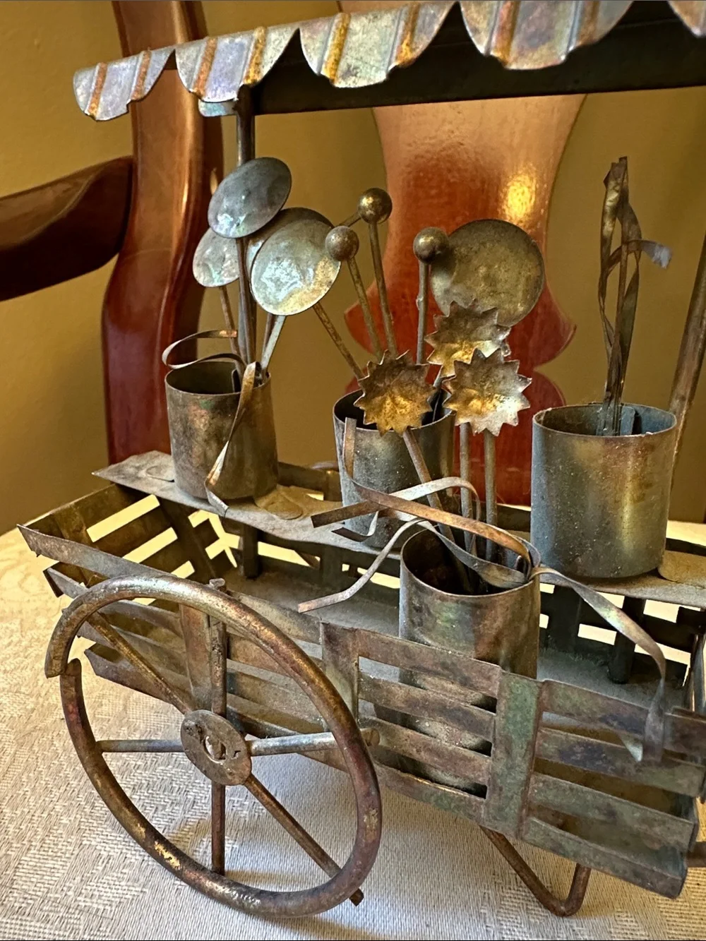 Vintage copper and brass 3D flower cart, wagon w/buckets of flowers